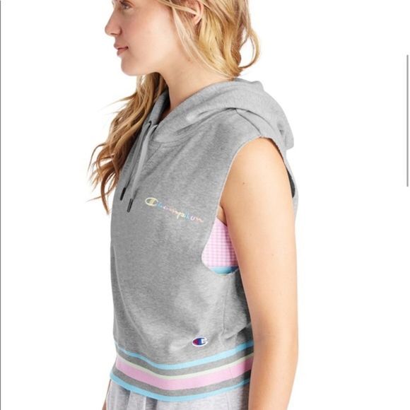 Champion Campus Grey French Terry Lined Sleeveless Hooded Cropped Vest Sz L NEW - Picture 3 of 15
